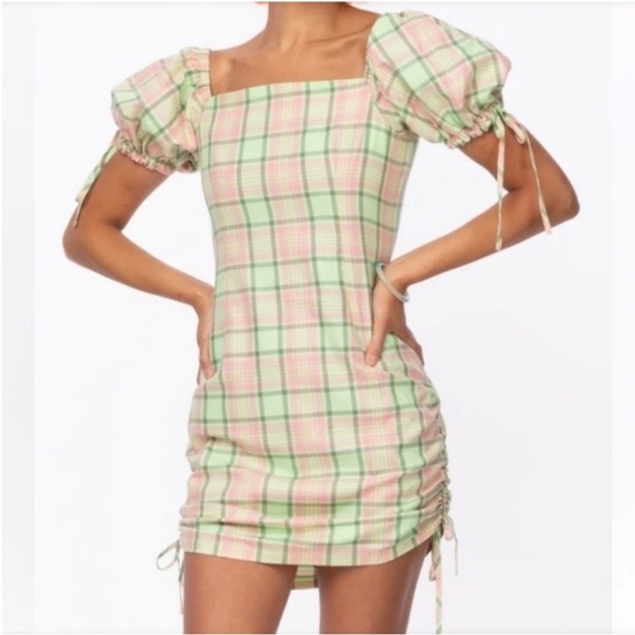 The Ragged Priest Women Gingham Plaid Mini Dress, Apple Pink Green Combo Small S - Picture 1 of 10